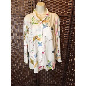 La Cera Womens Top Blouse Butterfly/Hummingbird‎ Print Artsy Colorful Size Large